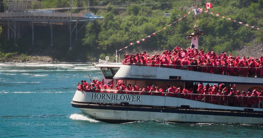 A close up of the Hornblower boat as it sets off to approach Niagara Falls