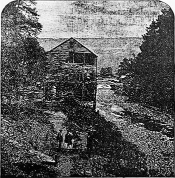 An old etching of the Old Mill at Watkins Glen