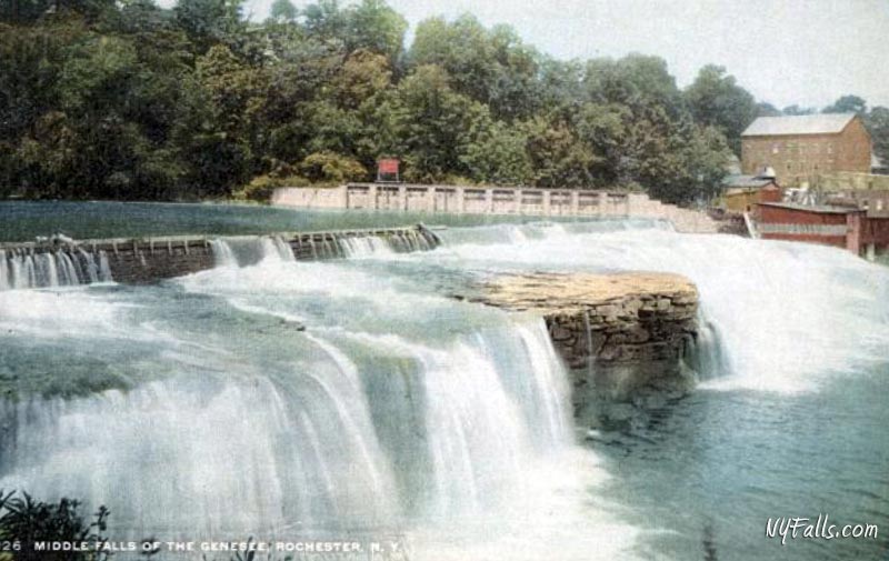 A vintage postcard showing Rochester Middle Falls and the settlement of McCrackenville