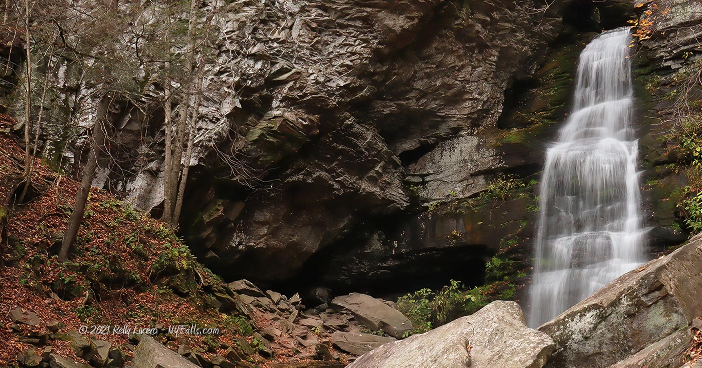 A closeup of the largest drop in Denning's Buttermilk Falls, which stems from tall rocky gorge canopy
