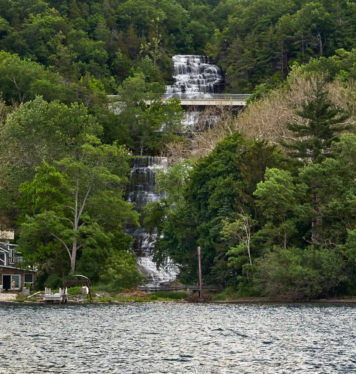 A view of Hector Falls seen from Seneca Lake. NY-414 crosses over the upper portion of the falls.