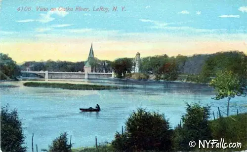 A vintage postcard showing Oatka Creek pond in LeRoy