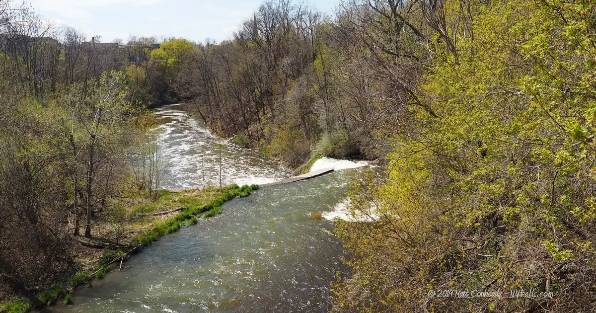 A view looking down on the Oak Orchard River and Medina Falls from the Erie Canal that crosses above it.