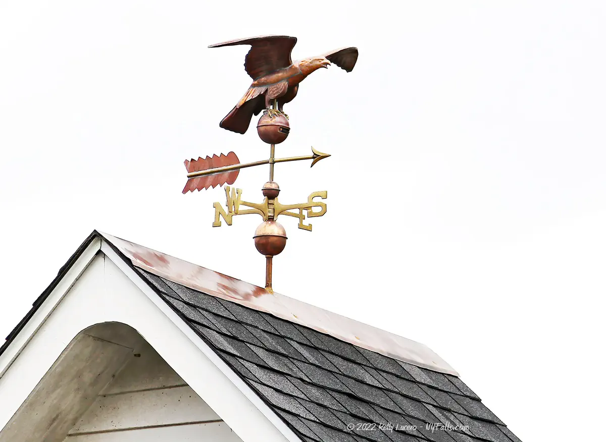 A copper weather vane atop the hydro facility, depicting an eagle.