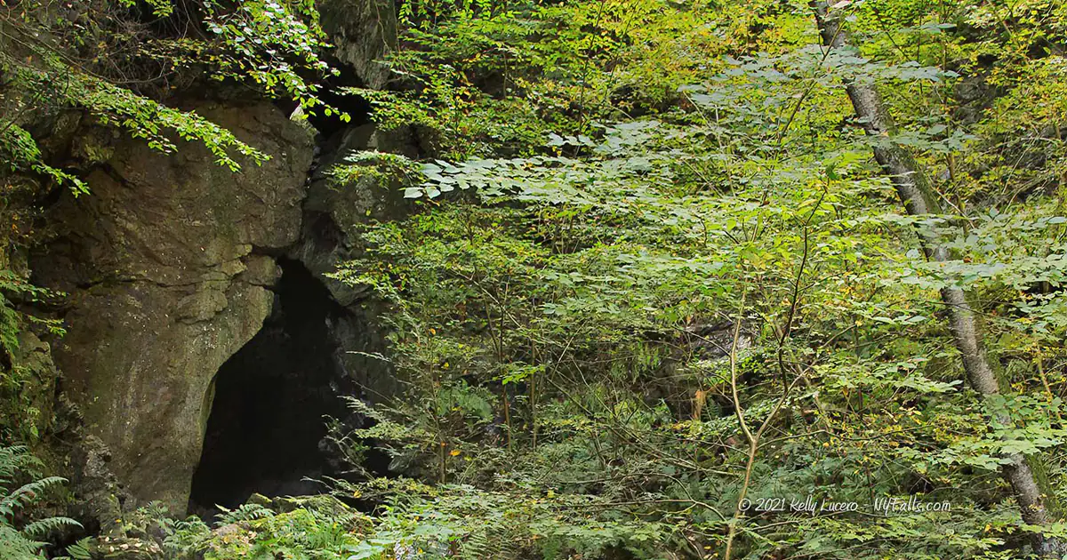 The front "cave" of Dover Stone Church surrounded by trees