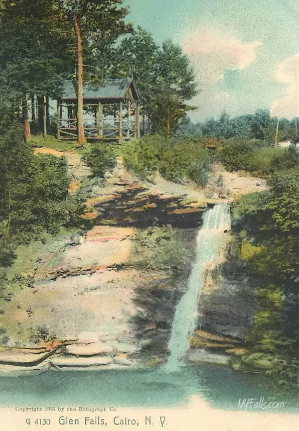 Vintage postcard depicting Bridal Veil Falls and viewing platform from 1905