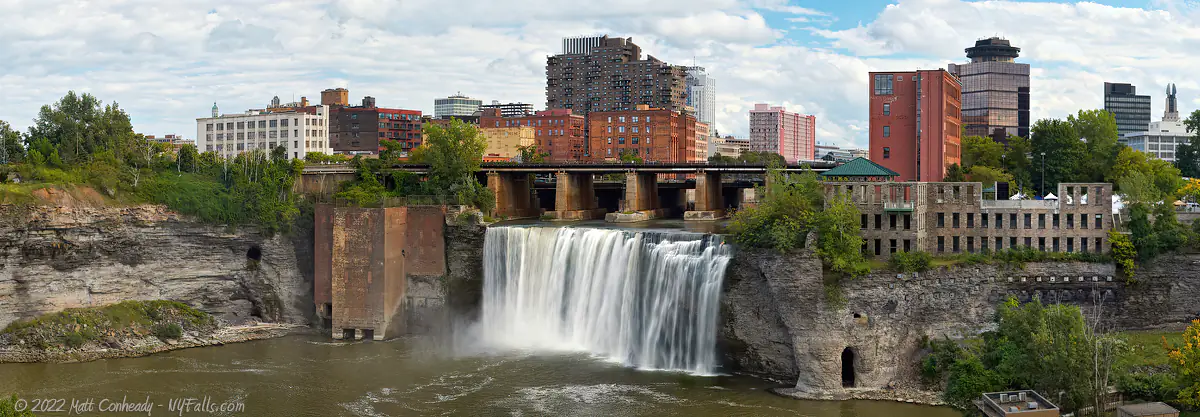 A view of Downtown Rochester and High Falls with railroad bridge.