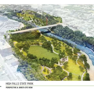 Bird's eye view render of the proposed High Falls State Park in Rochester New York