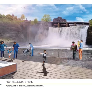 A photorealistic render showing people of all types viewing Rochester's High Falls from an observation deck.