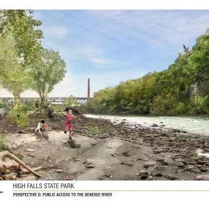 A photorealistic render showing people of all types playing along the Genesee riverbank in the high falls gorge.