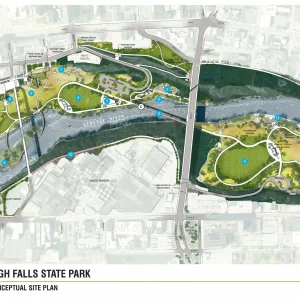 A map of the proposed High Falls State Park in Rochester, with park features