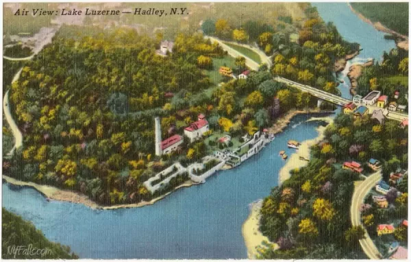 Vintage Lake Luzerne postcard from the 1930s. Rockwell Falls is visible in the top right.