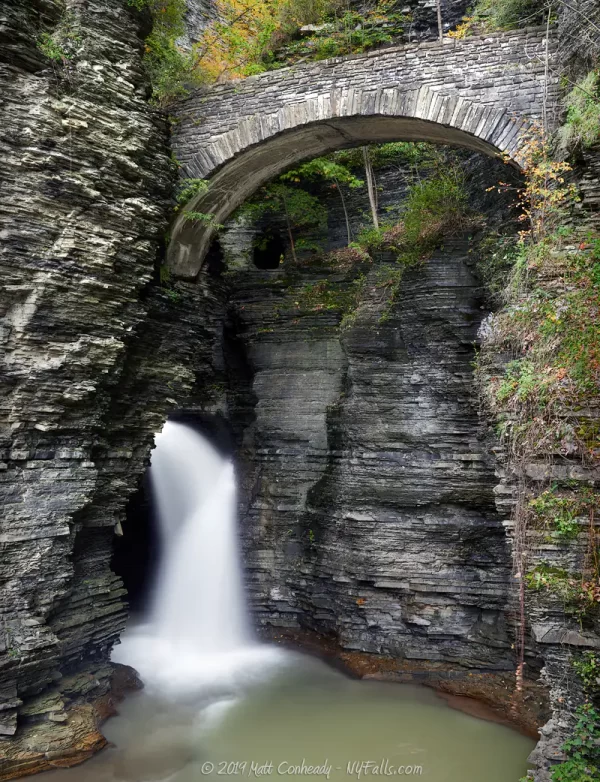 Sentry Falls and Bridge, the first majestic sight in Watkins Glen State Park