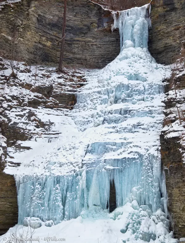 Aunt Sarah's Falls frozen into ice in winter.