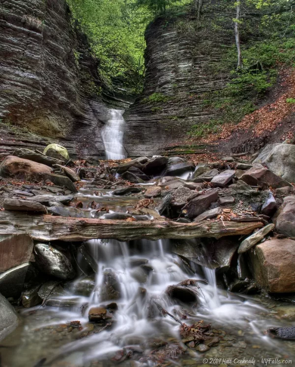 A wide view of the waterfall at the end of the hike up Lower Clark Gully in Naples, NY