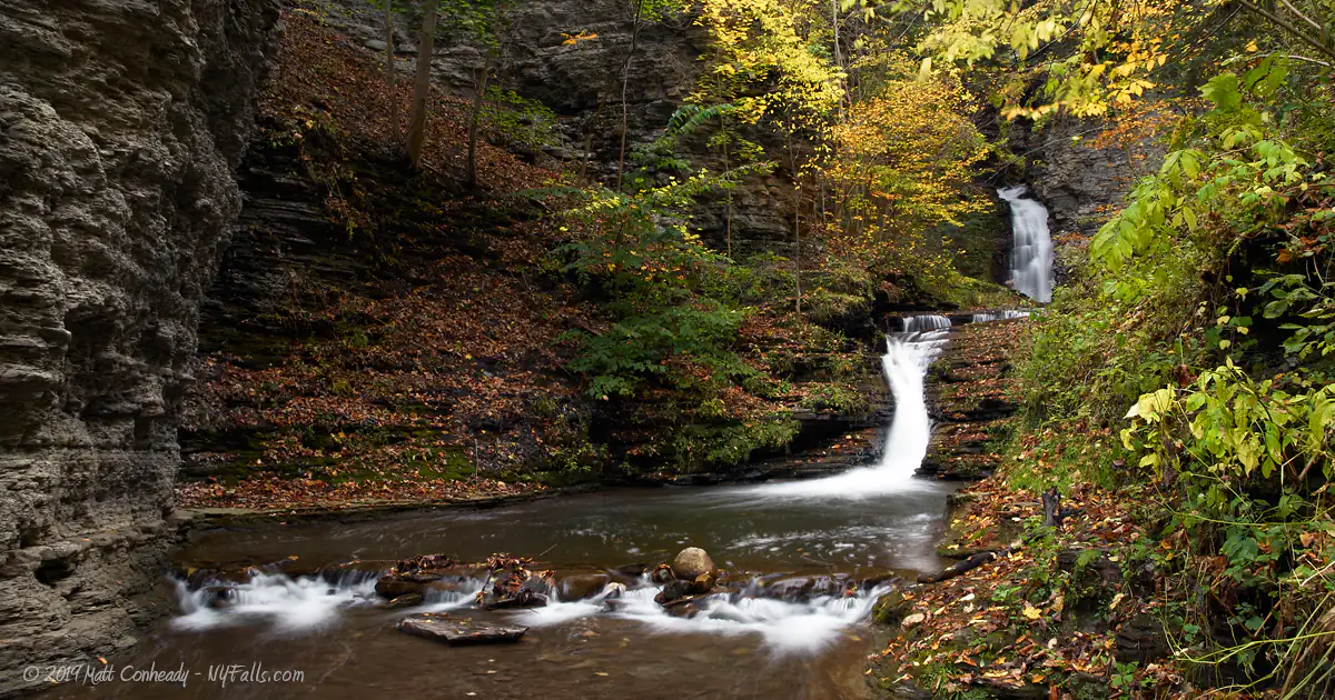The first zig-zag -shaped waterfall Deckertown Falls in autumn.