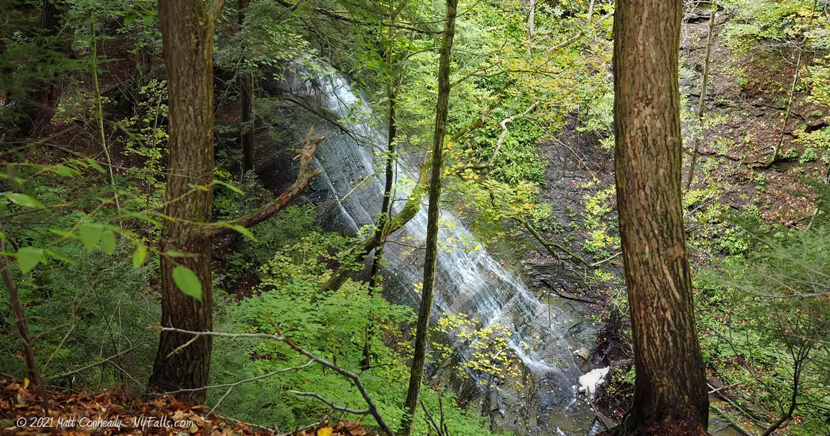 A large sloping waterfall at Emery Park in (Aurora, New York). Trees block a clear view but enough of the falls can be seen safely from the gorge rim.