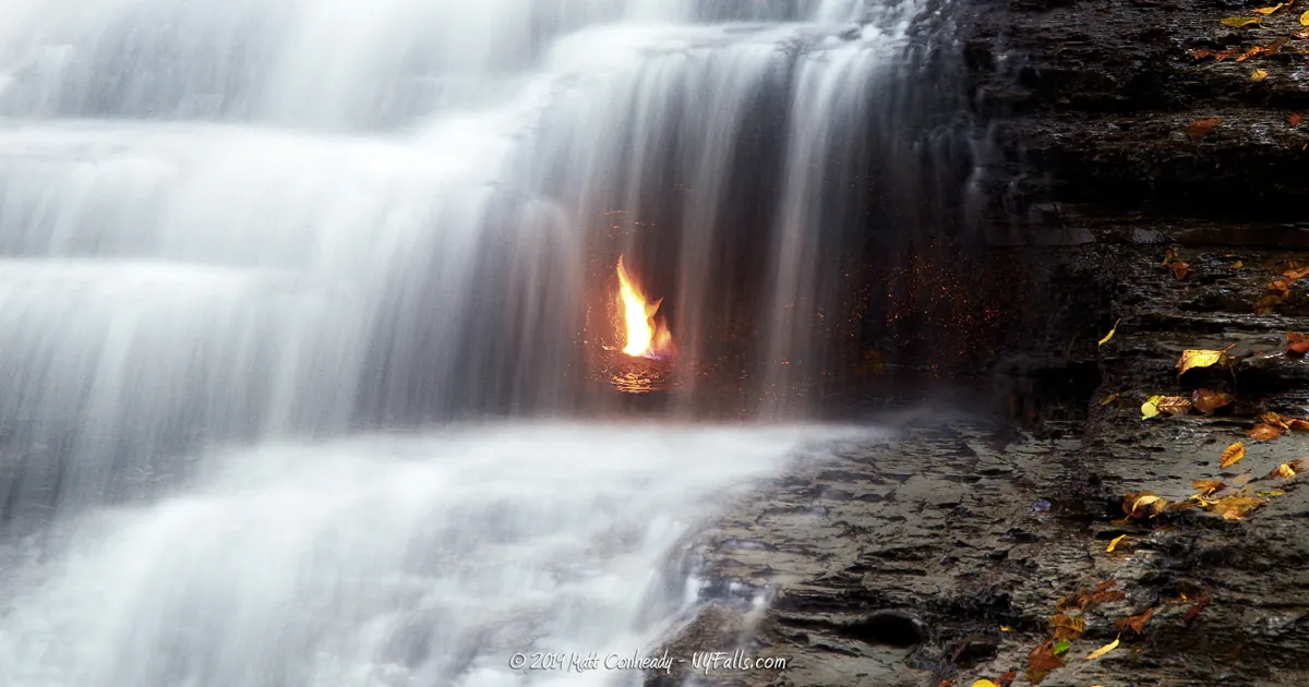 A close up of the flame in Eternal Flame Falls