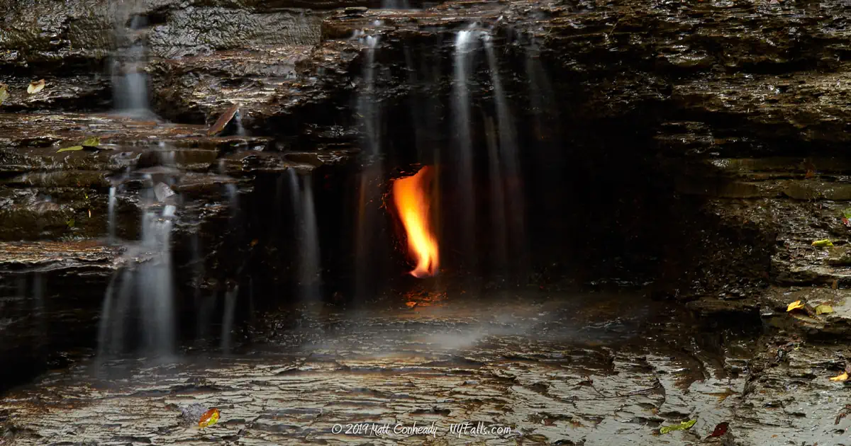Eternal Flame Falls' flame with almost no water flow.