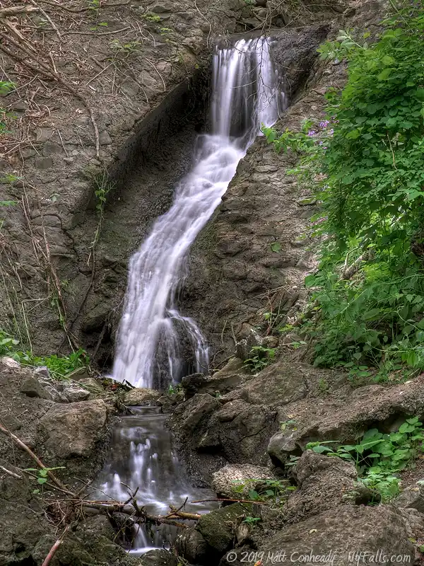 A tall seasonal runoff waterfall found in the woods at Channing H Philbrick Park.