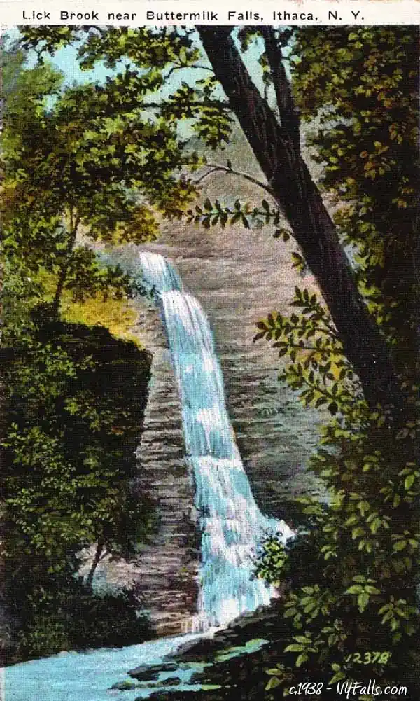 A vintage postcard, from 1938, of Lick Brook in Ithaca, NY