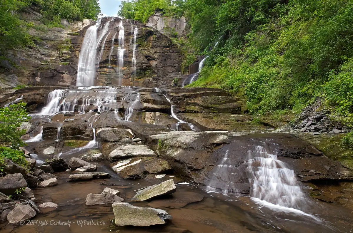 A wide view of Montville Falls showing the full height