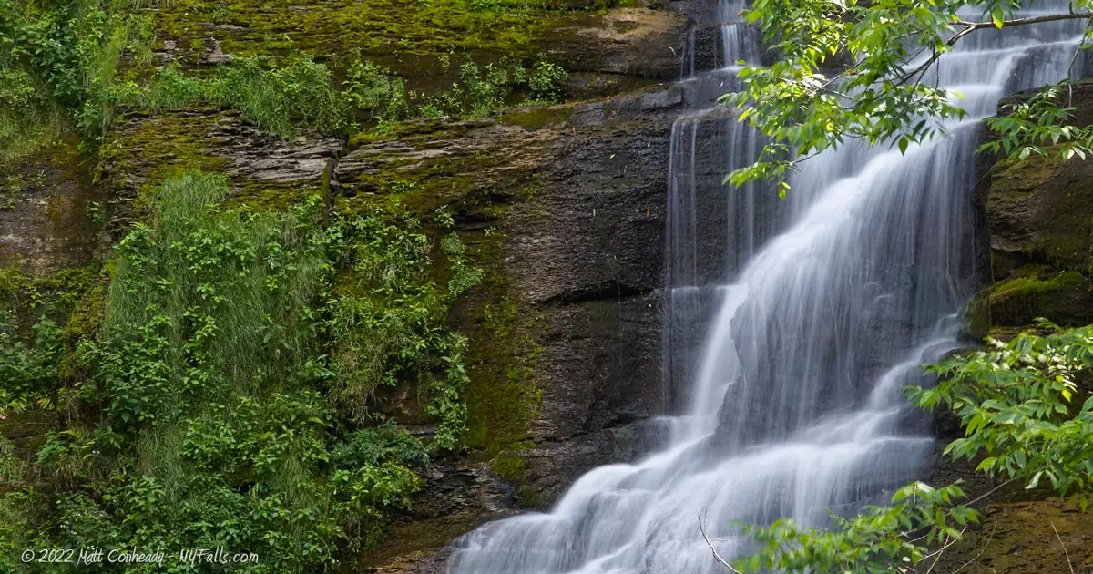 A closeup of Pratt's Falls and surrounding foliage-covered cliff