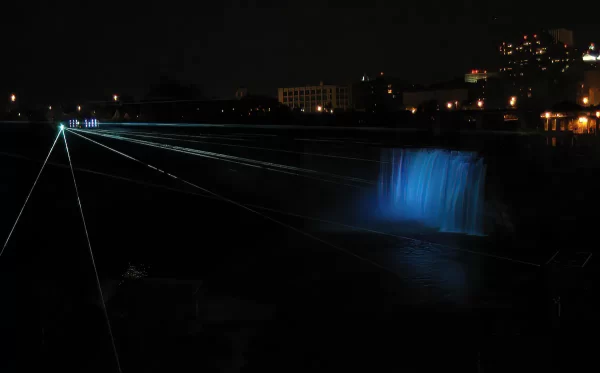 a snapshot of an illuminated High Falls from 2004 when the city did Laser Light Shows.
