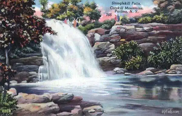 A painted postcard of Shinglekill Falls from the side.