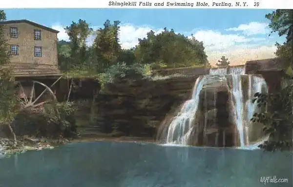 Shinglekill Falls in low flow with a gristmill and wheel