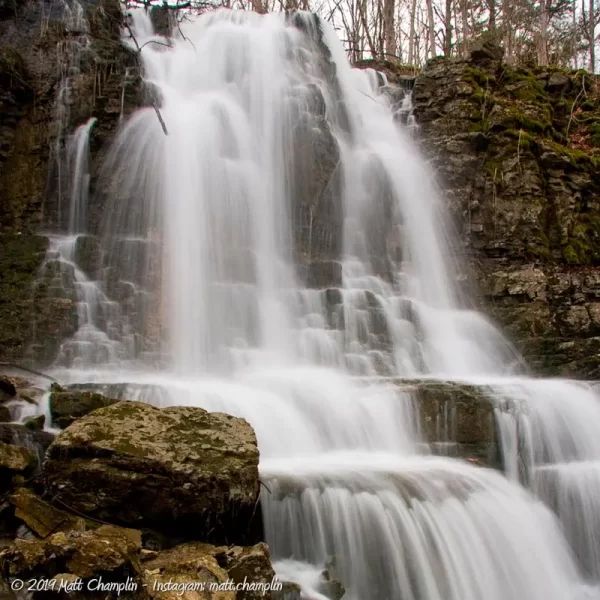 A closeup of a waterfall at Three Falls Woods Nature Preserve