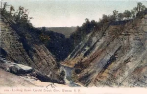 A vintage postcard showing "Crystal Brook Glen" from the top of what is now known as Warsaw Falls