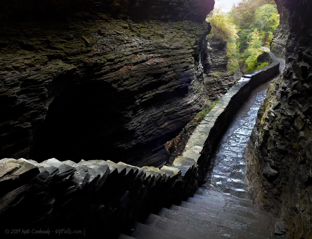 A view looking back at Watkins Glen Gorge on a peaceful morning.
