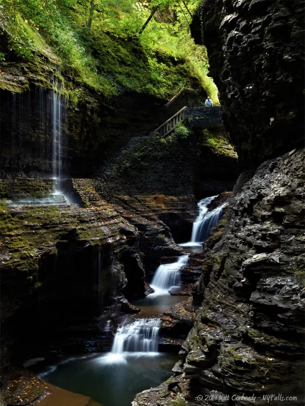 A shadowy Scene of Rainbow Falls and Triple Cascade in the heart of the Watkins Glen Gorge