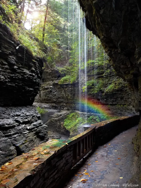 A rainbow appears in the dripping waters of Rainbow Falls on the Gorge Trail of Watkins Glen State Park.