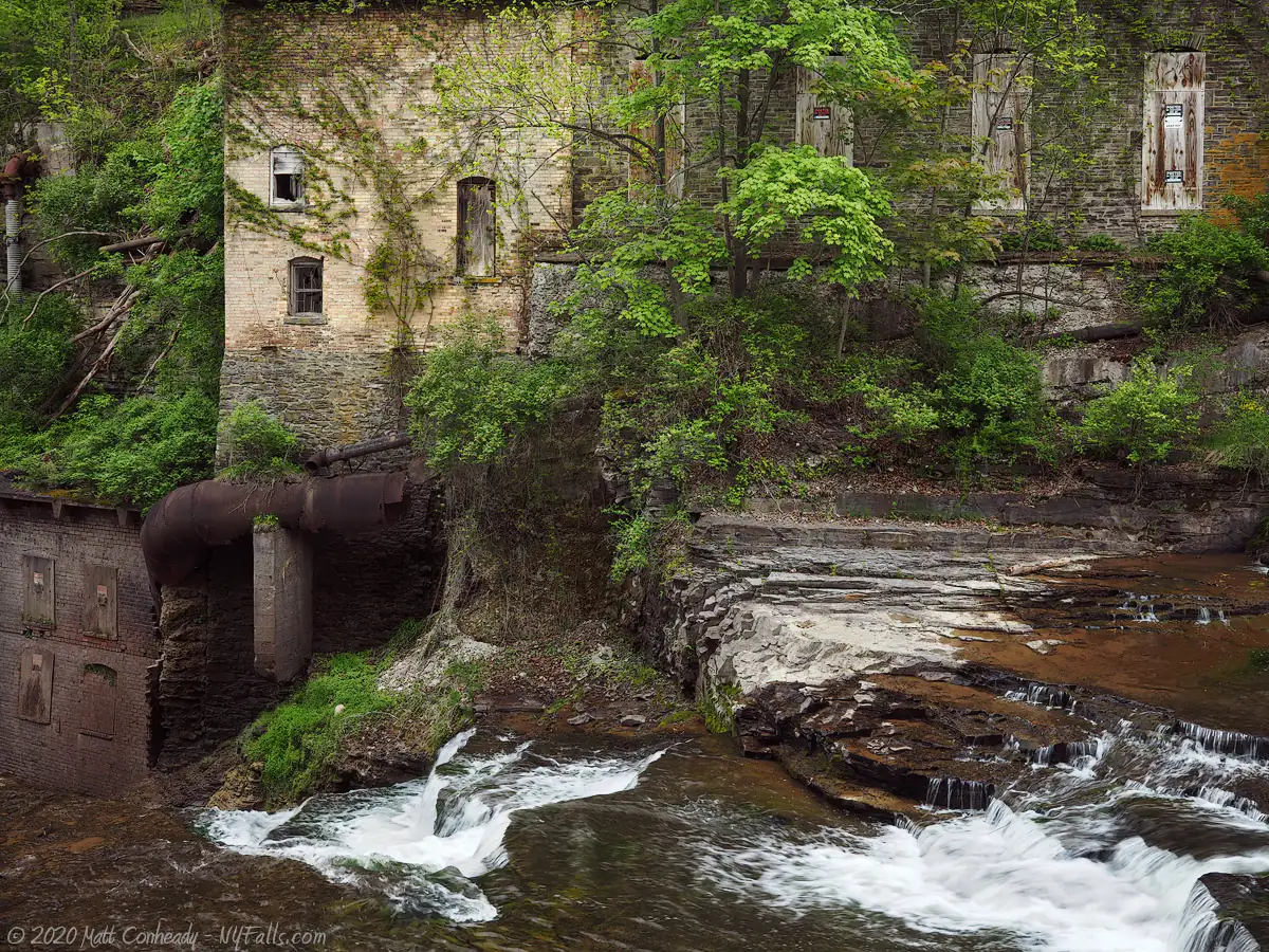 Van Natta waterplant, overgrown with trees and vines with Wells Falls in the foreground.