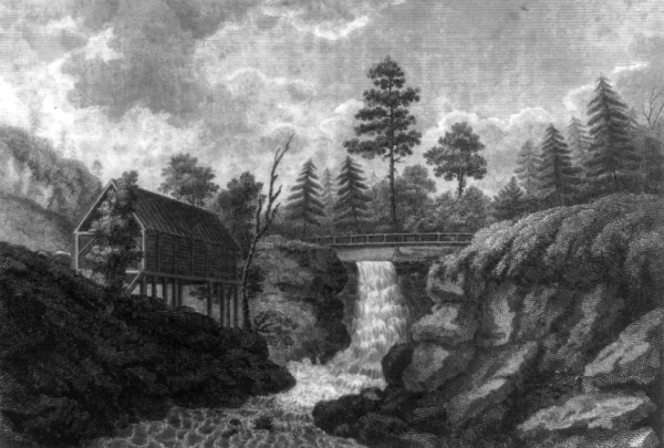 An etching, likely from the 19th century of Buttermilk Falls in Ithaca, NY