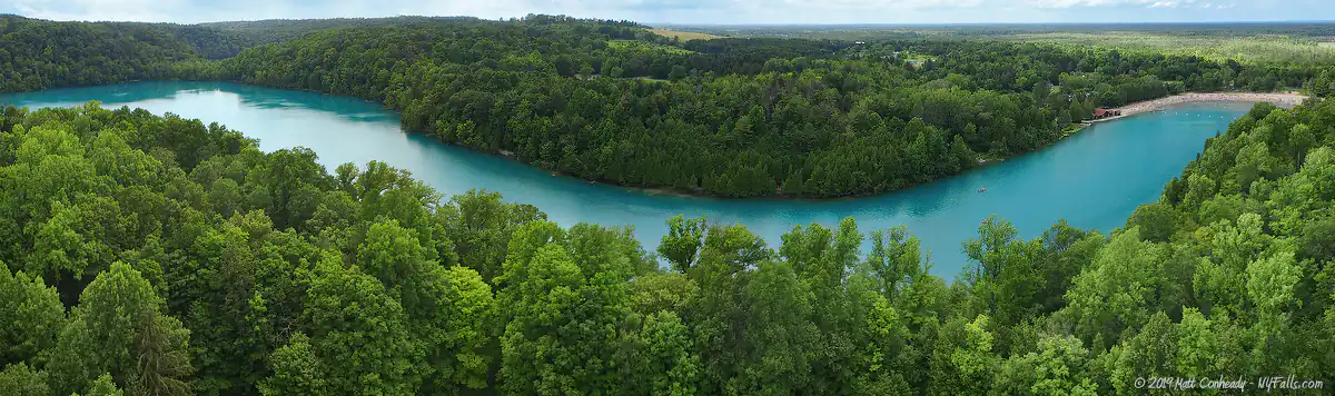 A panoramic aerial view of Green Lake with swimming beach on the right