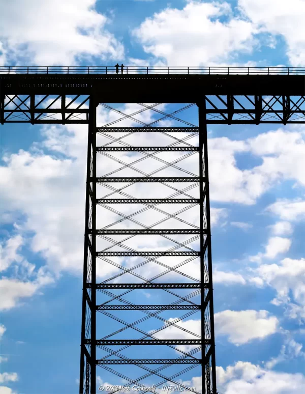 A silhouette of the old steel truss bridge over Letchworth's upper falls
