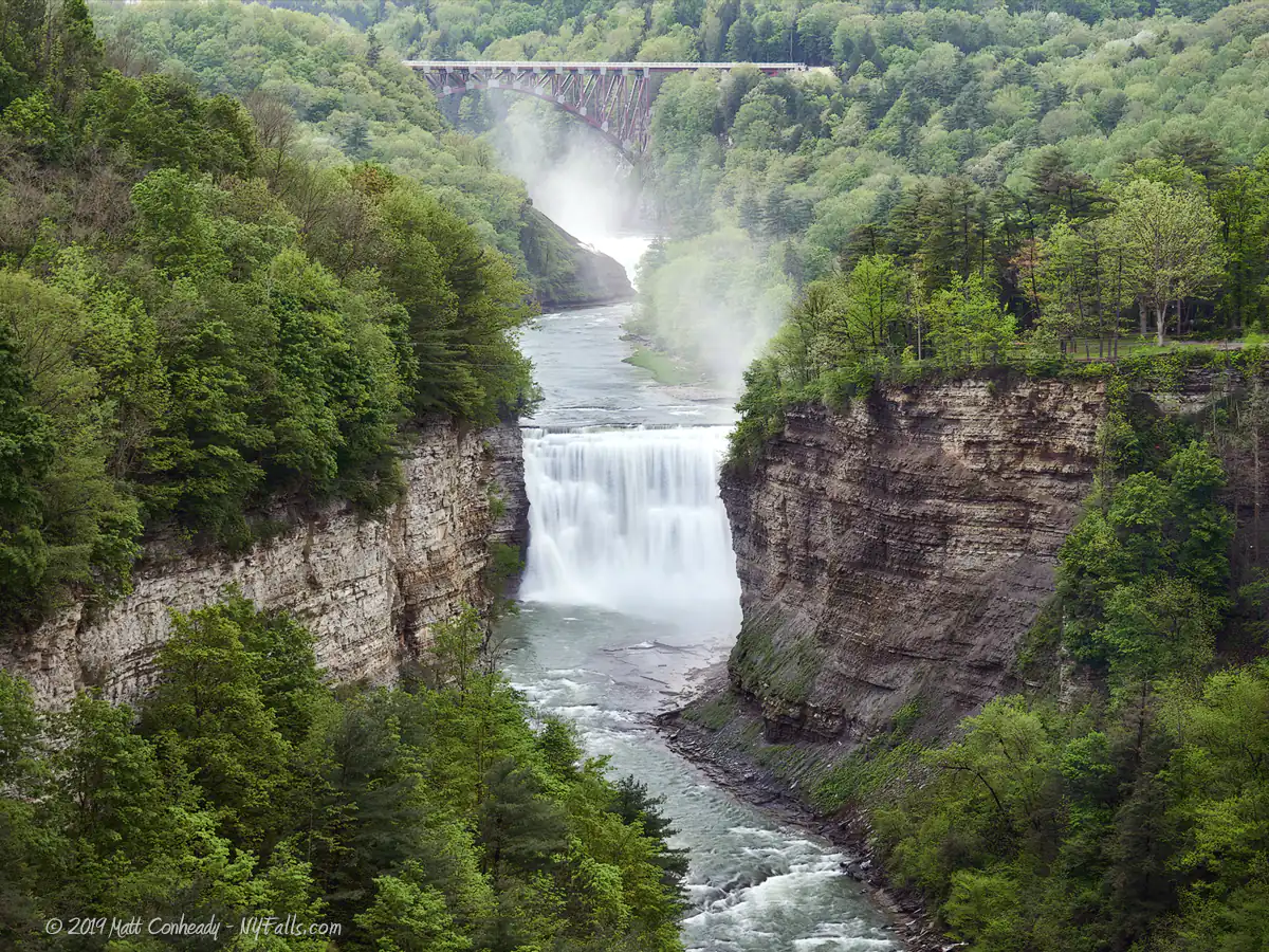 Letchworth gorge with Middle Falls and Upper Falls as seen from from Inspiration Point on a summer day