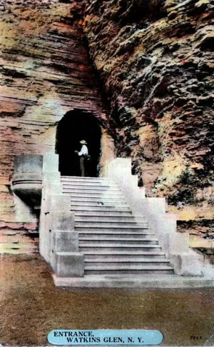 A postcard depicting a concrete stairway leading to the tunnel entrance into Watkins Glen