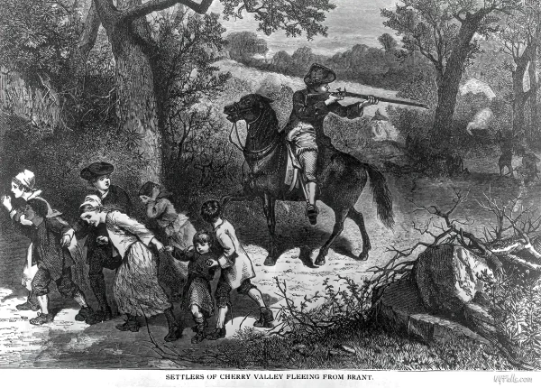 [Settlers of Cherry Valley Fleeing from Brant (Cherry Valley, N.Y., Nov. 1778. Tories and Indians led by Walter N. Butler and Joseph Brant raided village and massacred more than 40 people)]