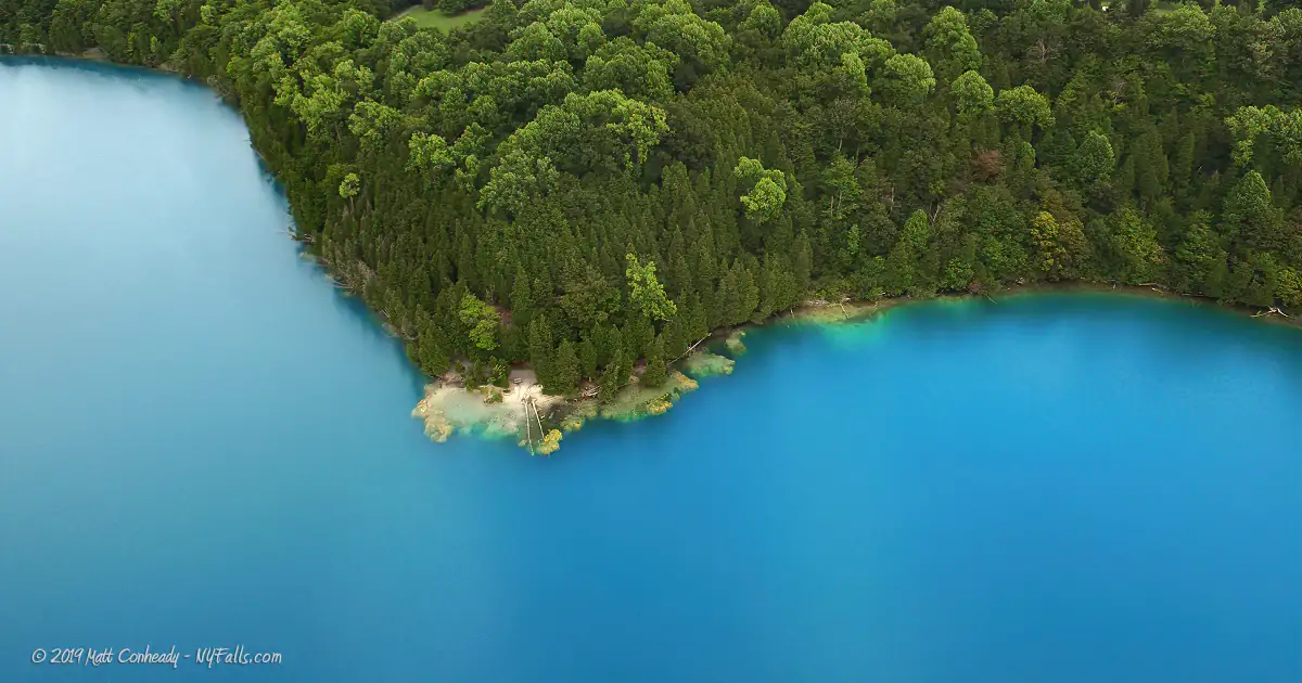 An aerial view of Dead Man's Point, a natural mineral reef in Green Lakes State Park