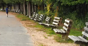 Rows of benches line the walking path near the beach at Green Lakes State Park.