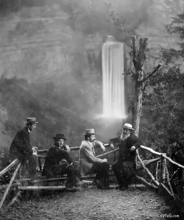 Men sitting and enjoying the view of Taughannock Falls in 1878