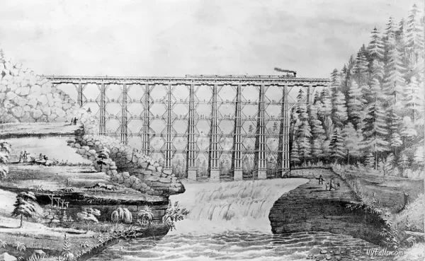 A sketch of the Portage railroad bridge over upper falls of Letchworth.