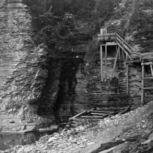 Wooden staircase into Watkins Glen (Freer's Glen) in the 1850s