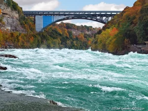 Looking upstream from the whirlpool past the Niagara Rapids to the Lewiston Bridge.