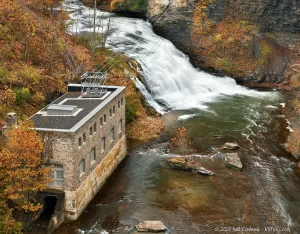 Rocky Falls and a hydroelectric power plant on Fall Creek Gorge.