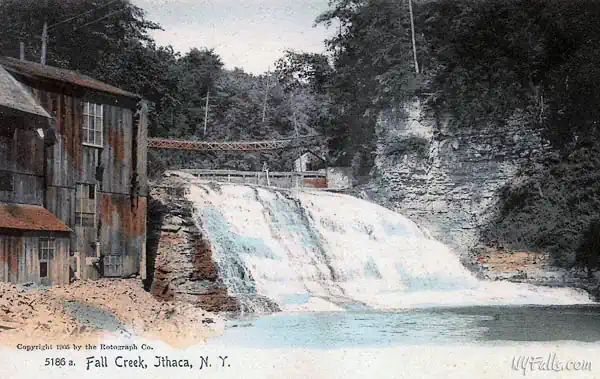 Vintage postcard view of Fall Creek Gorge and a mill next to a waterfall